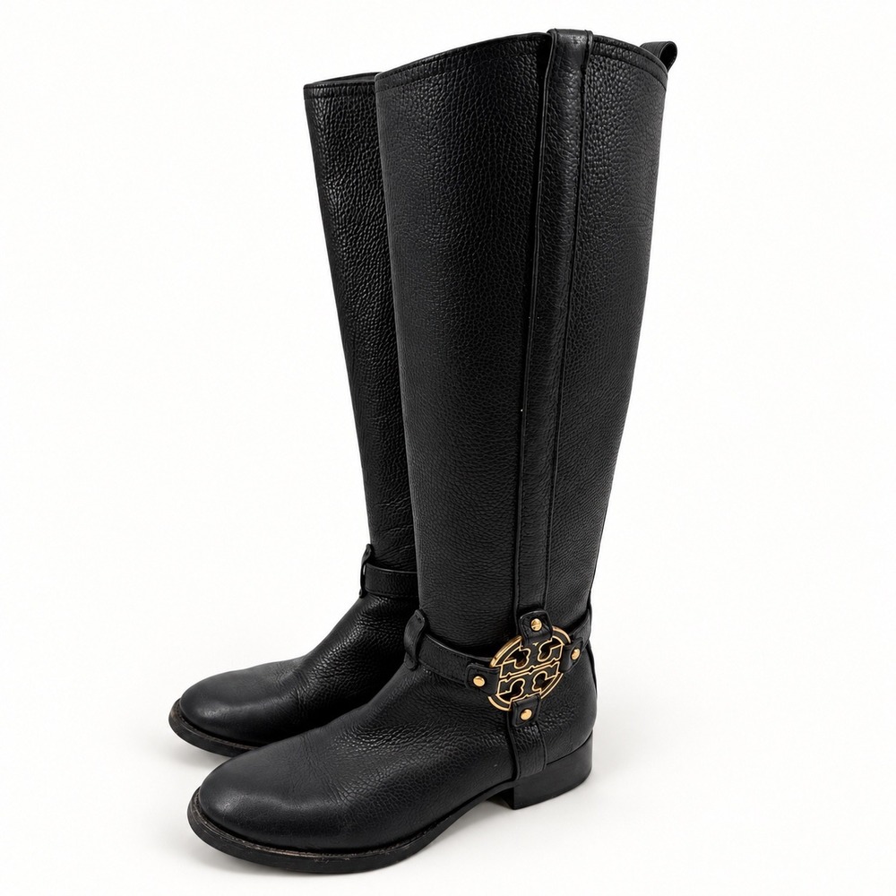 Tory Burch 7M Amanda Black Leather Tall Riding Boots Gold Logo Preppy Equestrian